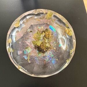 Handmade Clear Resin Home decor or paperweight with “Flower” &Iridescent Accents